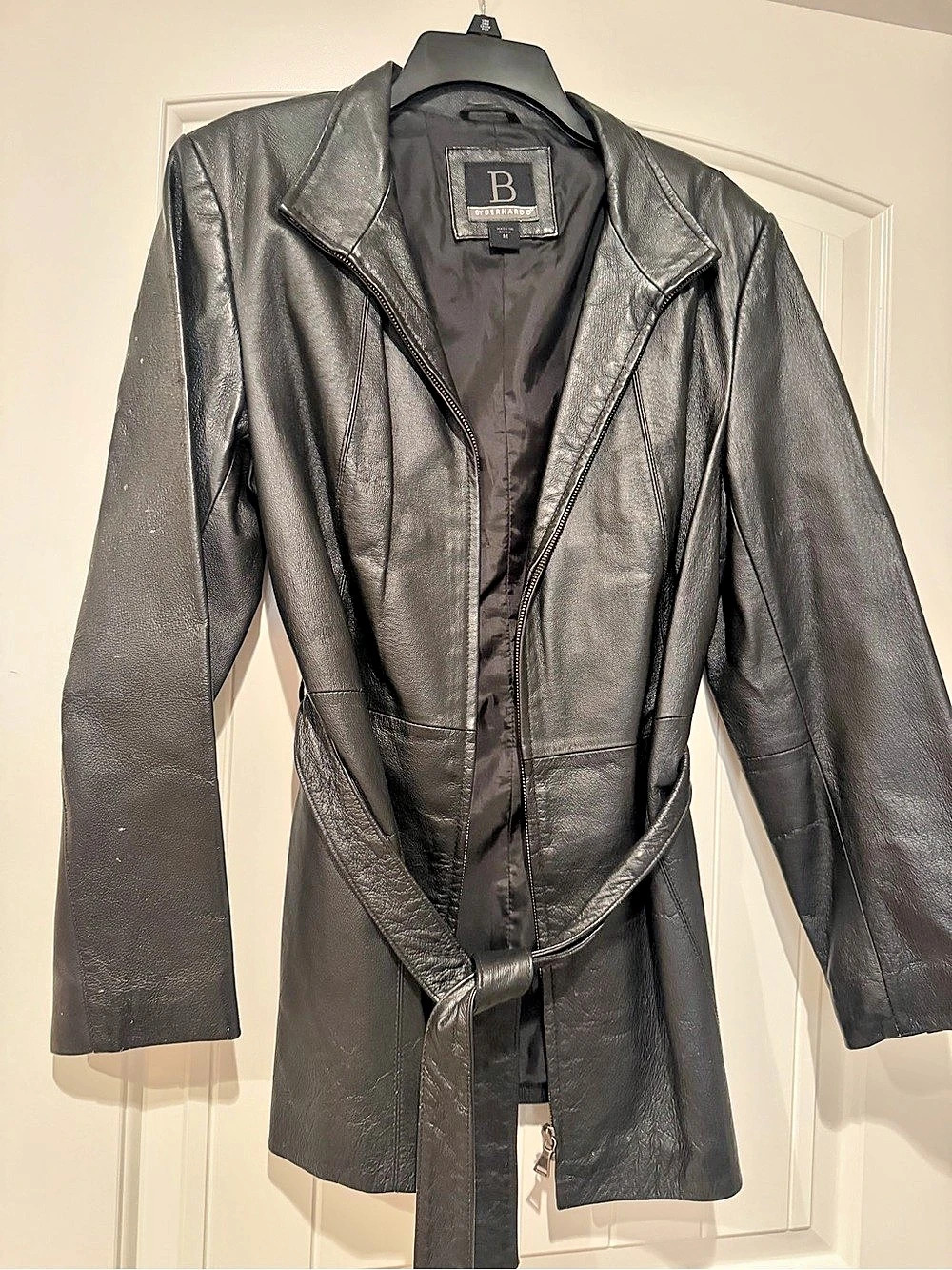 Women's Black Leather Belted Jacket
